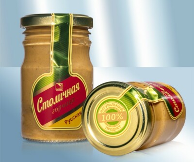 Senf ''Stolitschnaja'' im Glas russischer Art Горчица ''Cтоличная'' русская в банкe