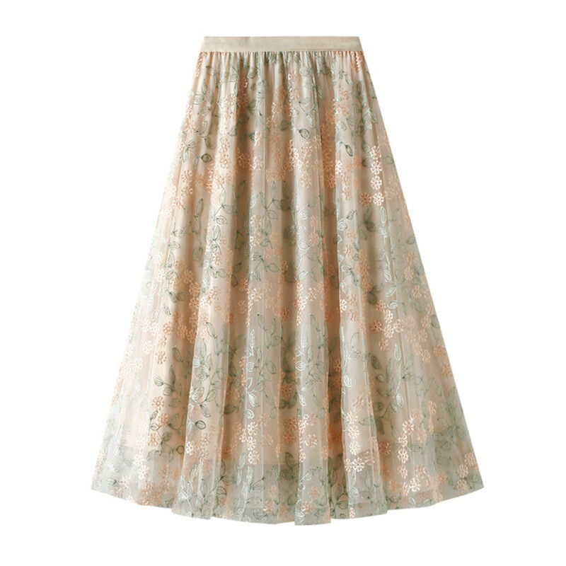 Women Mesh Sheer Floral Embroidered Layered Midi Skirt Pleated Elastic  Waist | eBay