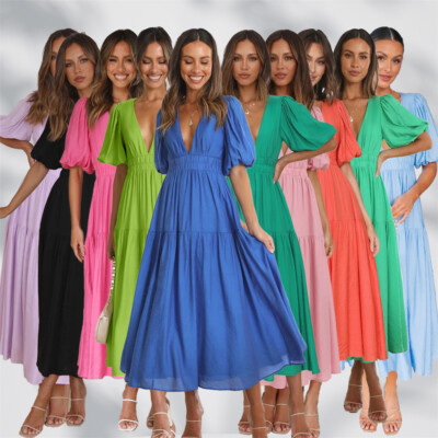 V-Neck Summer Dress Short Sleeves Elastic Waist A-Line Maxi Dresses