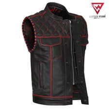 Men's Black Leather Vest Diamond Motorbike Motorcycle Concealed Red Waistcoat