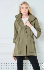 My Anorak Jacket Army Green Nylon Hidden Hood Zip Snap Utility Lined Women’s S