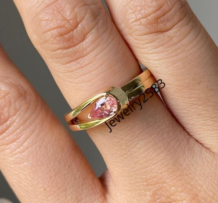 10k Real Yellow Gold Lab Grown Pear Pink Sapphire Solitaire Promise Ring  For Her