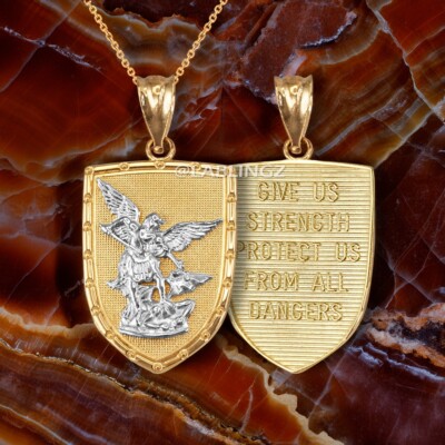 Gold St. Michael Shield Pendant Necklace | Protection Charm | 10k / 14k