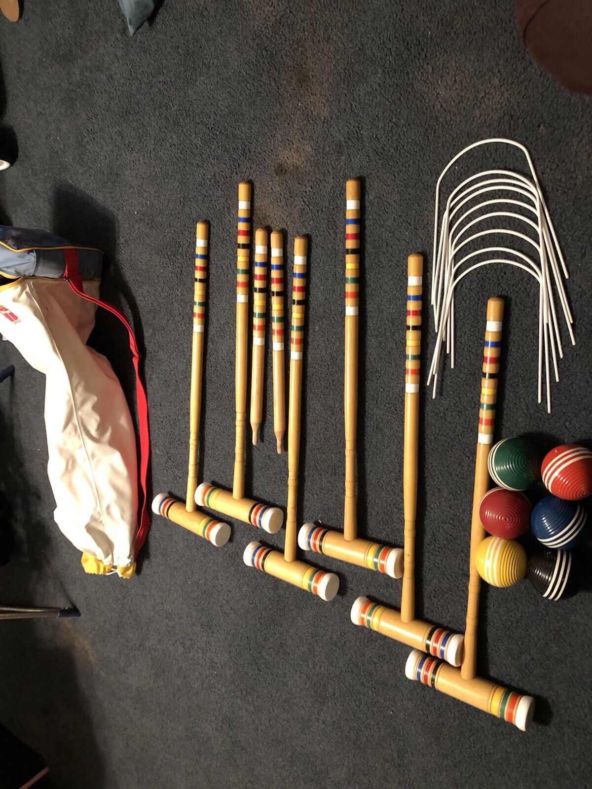 Vintage Sales results No. 1 Forster 6 Player Croquet Set Mallets Carrying Posts with Deluxe Balls Bag End