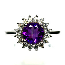 INTENSE PURPLE AMETHYST RING W/WHITE CZ ACCENT 925 STERLING SILVER 14K WGP 6.75