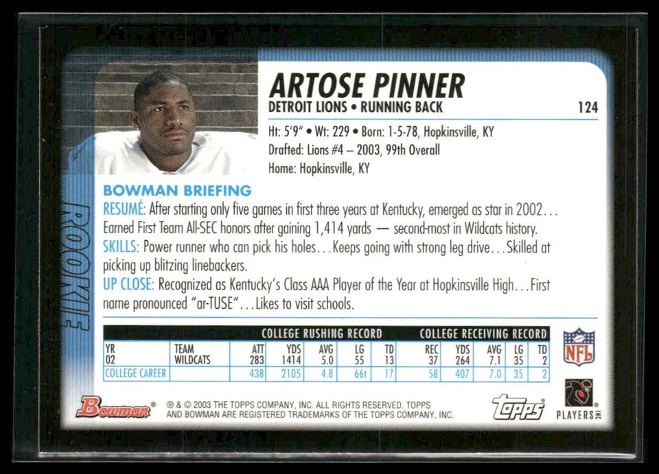 Artose Pinner #124 Rookie 2003 Bowman Detroit Lions - Image 2 of 2
