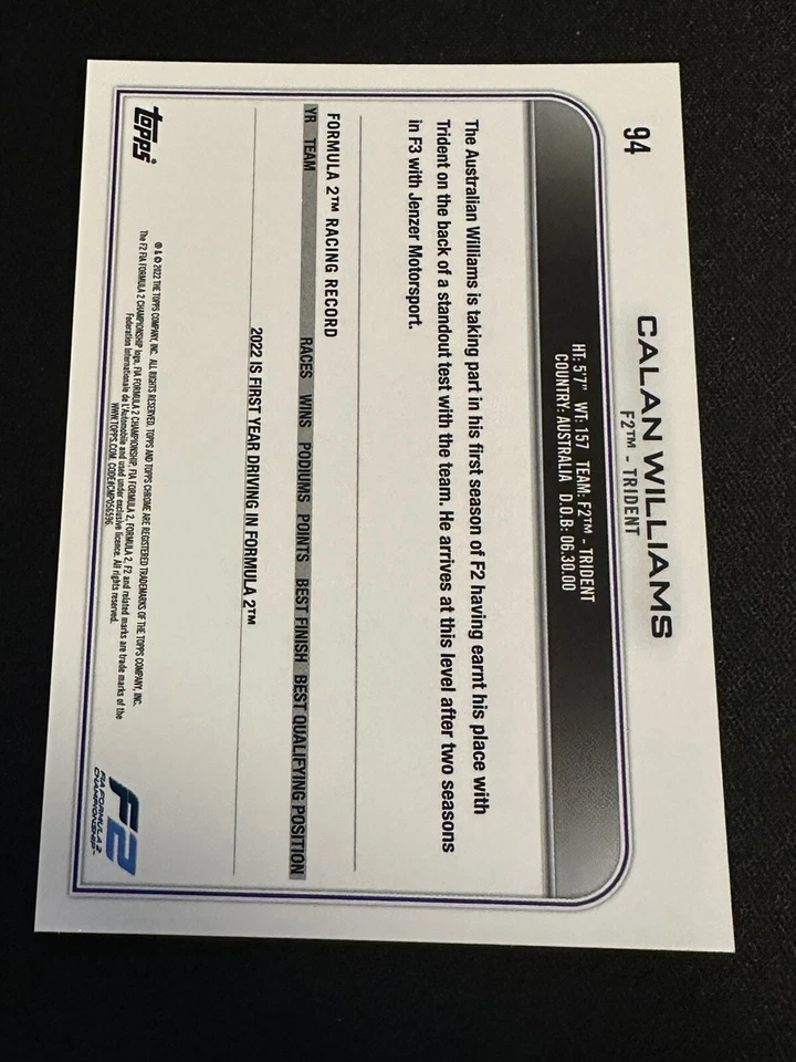 2022 Topps Chrome Formula 1 Racing Base F2 Future Stars #94 Calan Williams - Image 2 of 2