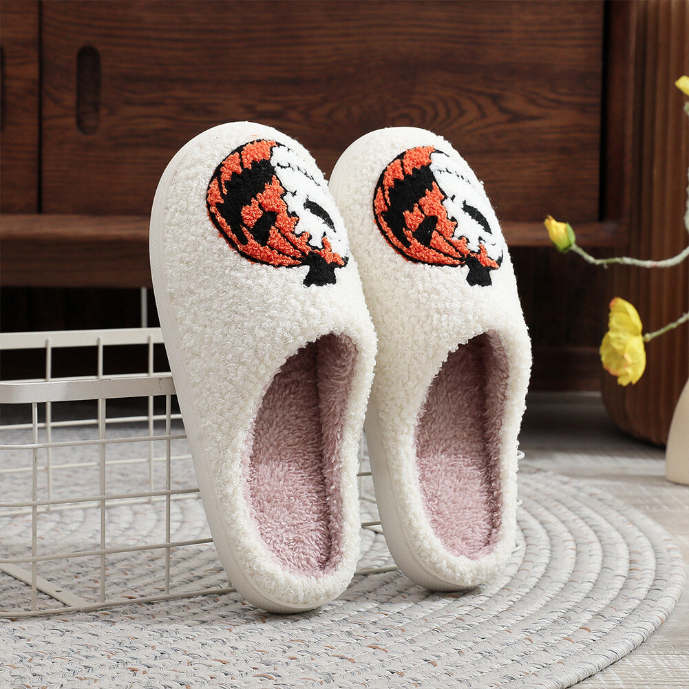 APL Halloween Pumpkin Plush Slippers Closed Toe Slippers Cute Anti Slip for Winter