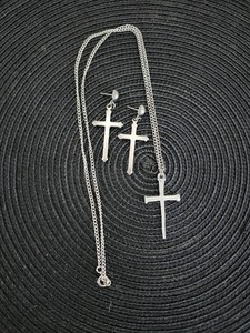 Vtg. Set of Unisex Cross Earrings, Chain and Nail Pendant , Pewter & Metal
