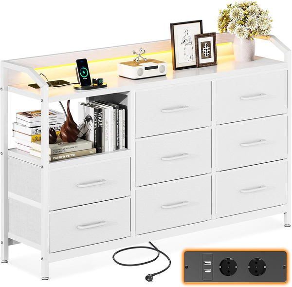 ODK Kommode, Mit LED 2 USB Und 2 Steckdosen, 8 Vintage Stoffschubladen | Kommode-image