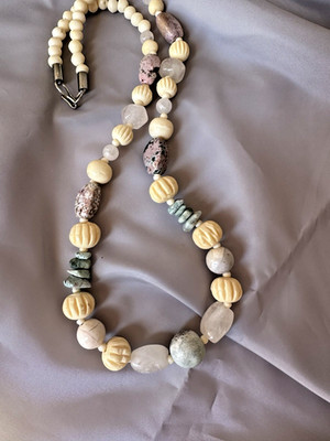 Vintage Natural Stone Carved Bone Rose Quartz Ocean Jasper 