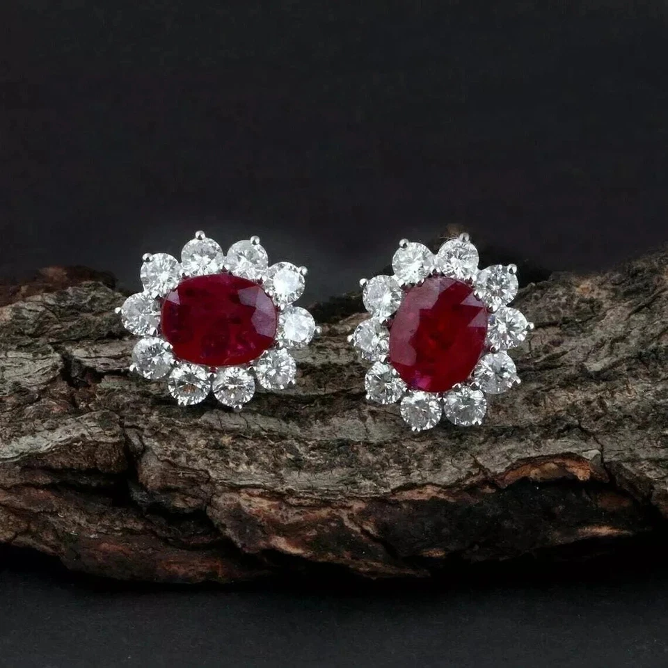 3.30 Ct Oval Natural Ruby & Diamond Beautiful Halo Stud Earrings 14k White Gold - Image 2 of 4