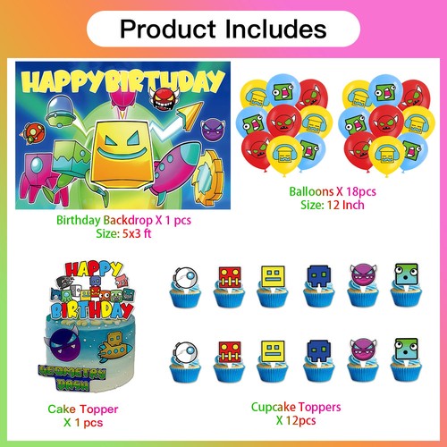 Geometry Dash Birthday Party Supplies Set Balloons Cake Toppers Banner - Picture 3 of 14