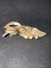 Vtg MCM Hair Clip Barrette Gold Tone Floral Spray Aurora Borealis Rhinestones