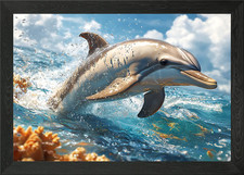 Dolphin Leaping from Water Framed Wall Art Poster Canvas Print Picture