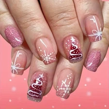 24pcs Christmas Press-On Nails, Medium, Pink & White Glittery Snowflake & Tree
