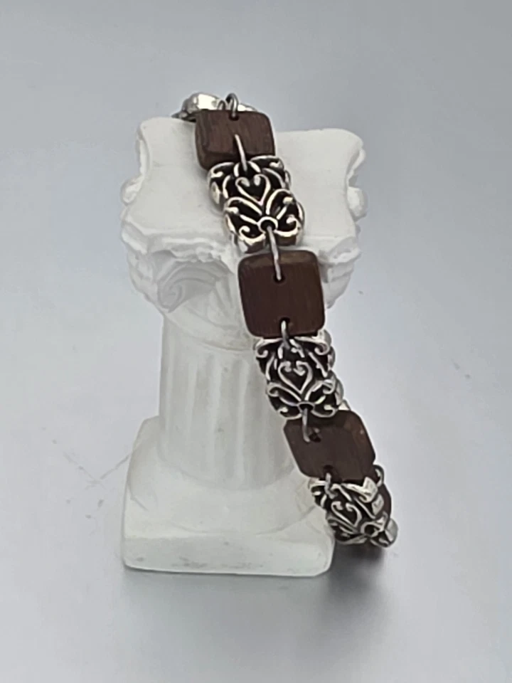 Brazalete De Colección Firmado Brighton Madera de Secuoya Plateado Panel Desplazado ¡ENVÍO GRATUITO DE $!! Foto 2 de 4