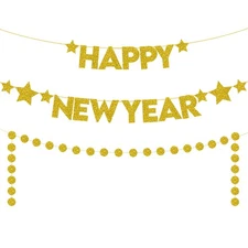 , Gold Happy New Year Banner - Pre-Strung | 10 Feet Happy New Year Gold Banne...