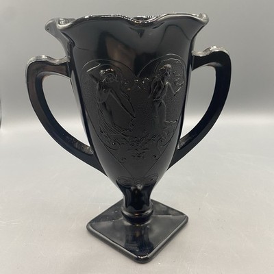 LE Smith 1930's Black Amethyst Glass 7'' Trophy Vase w/ Dancing Nymphs