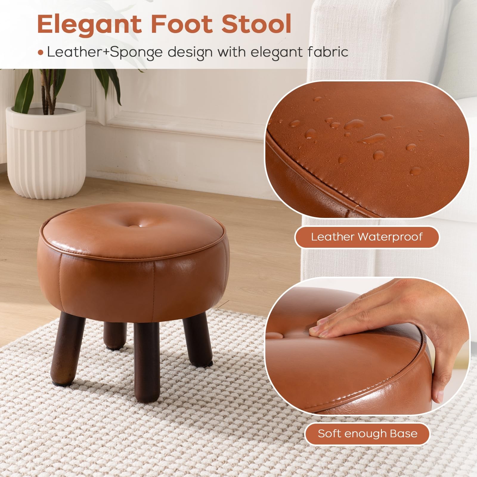 Small Foot Stool, Round Faux Leather Pouf Ottoman Foot Rest, Footstool Ottoma...