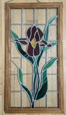 Purple Iris Stained Glass Window in Beveled Oak Frame