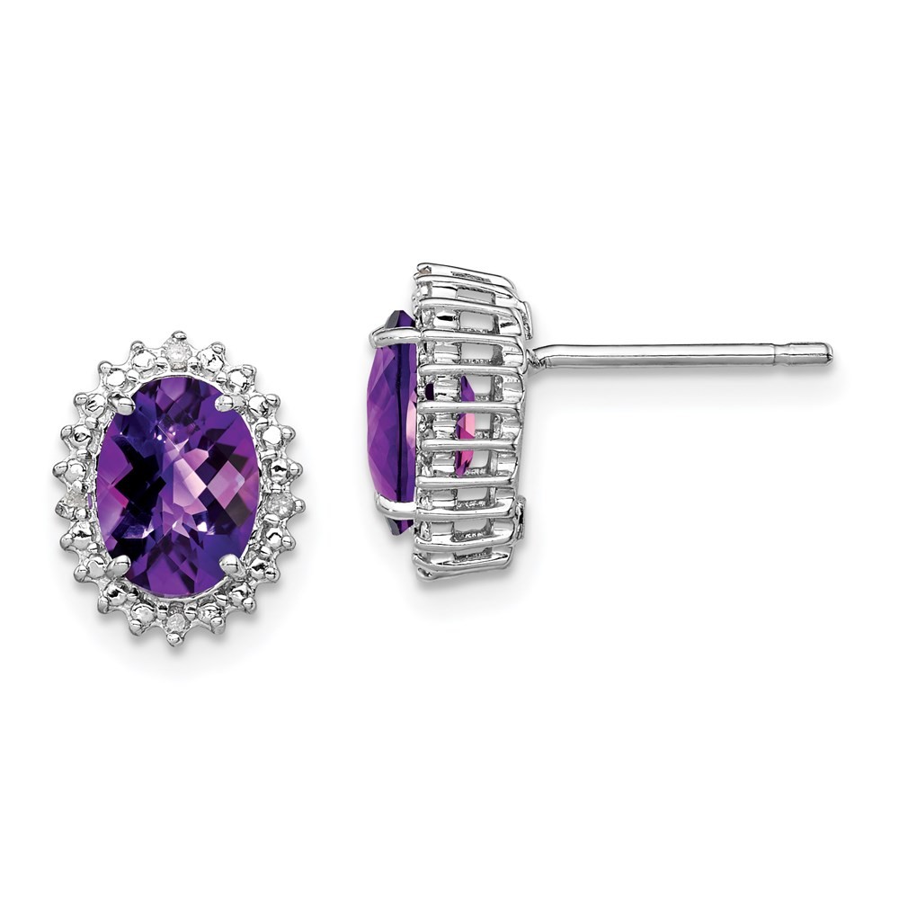 Sterling Silver Rhodium-plated Amethyst and Diamond Stud Earrings