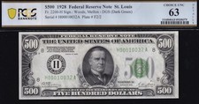 1928 St. Louis $500 Dollar Bill Federal Reserve Note PCGS UNC 63 Details
