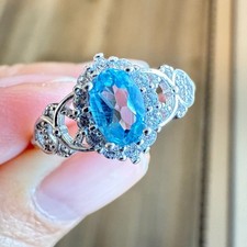 925 Sterling Silver Ring Oval Blue 6x4mm Natural Topaz Gemstone Zircon Women