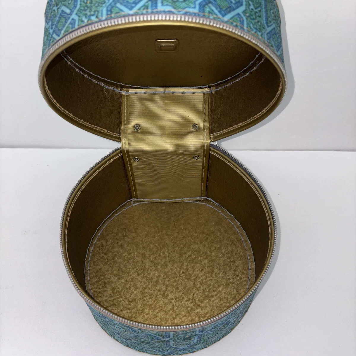 VTG Wig Box Travel Case w Handle Green blue mid century round with zipper Travel Wig Box - Etsy main image 3