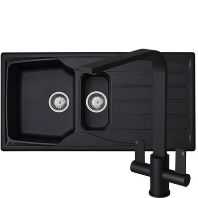 Liquida CMP15BL 1,5 Schüssel reversibel schwarz Küchenspüle und herausziehbarer EB403MB Wasserhahn