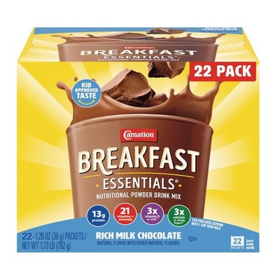 Carnation Breakfast Essentials Powder Drink Mix, Rich Milk Chocolate, 22 Coun...