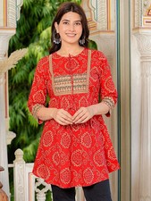 Indian Women BEAUTIFUL Black Cotton Bandhani Printed Kurta Kurti Top Tunic Dress