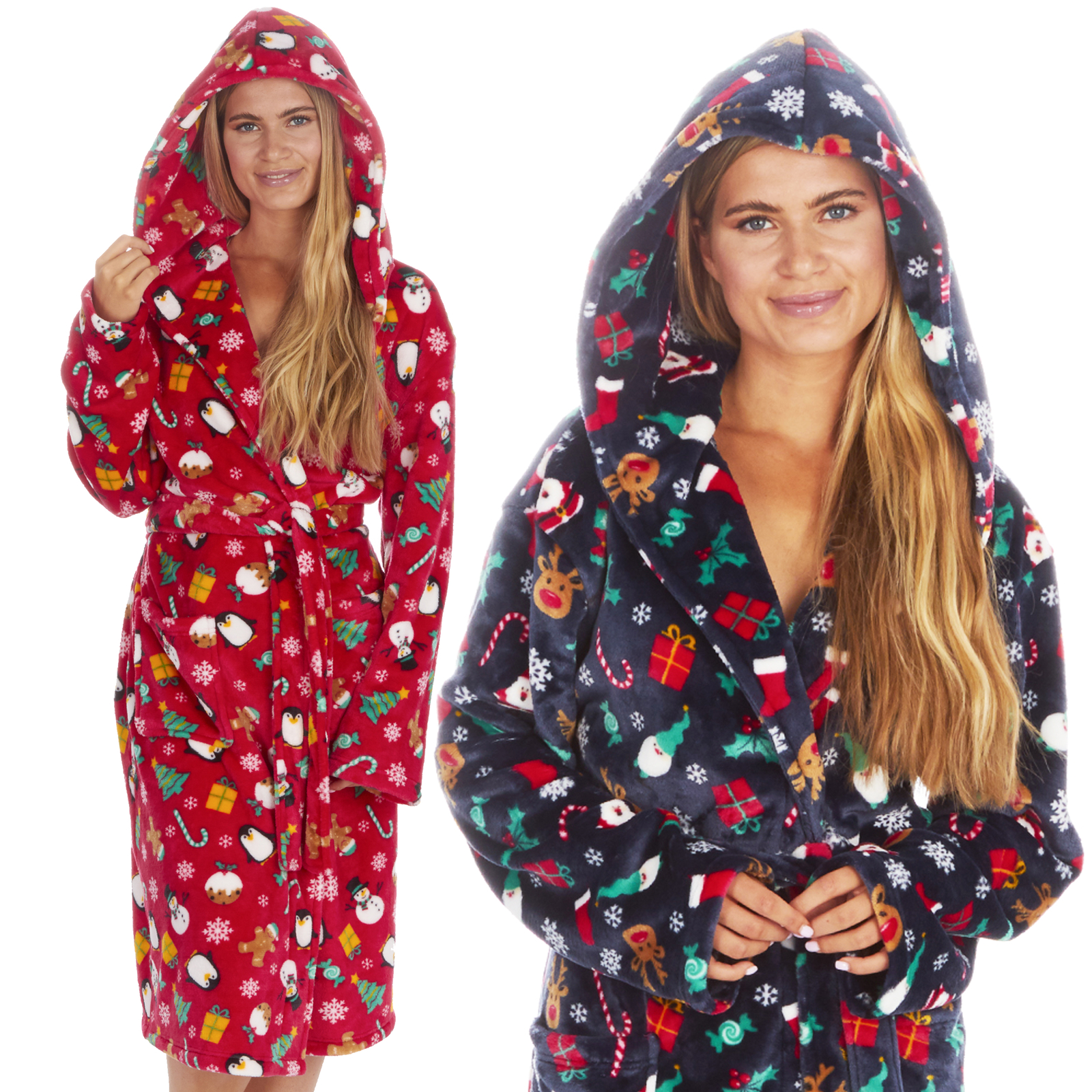 Ladies Womens Dressing Gown Bathrobe Fleece Christmas Robe Novelty Xmas ...