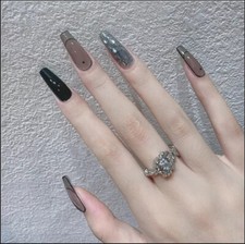 24 Press on nails Kit w Glue Jelly Black gray monochrome gems long coffin