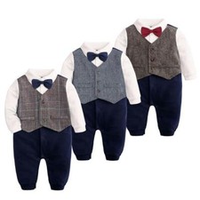Baby Tuxedo Suits Boys Gentleman Outfit Dress One-Piece Romper Wedding Outfit