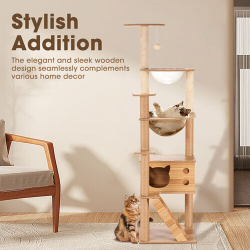Petzly Wooden Cat Tree Tower Scratching Post Scratcher Condo House Bed 143/150cm - Picture 6 of 26