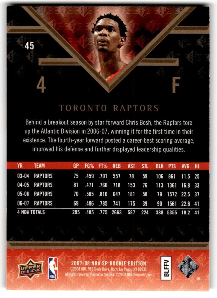 2007-08 SP Rookie Edition Chris Bosh #45 Toronto Raptors - Image 2 of 2