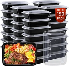 [150 Containers+150 Lids] 30oz Plastic Meal Prep Food Containers for Restaurants