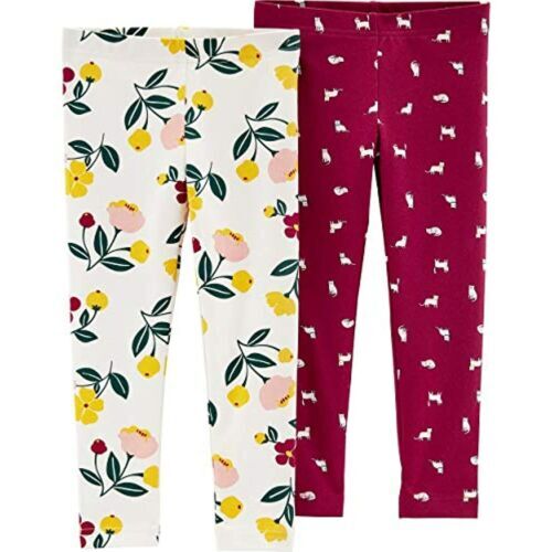 Carters Baby Girls Cozy Leggings 2 Pack Pants Burgundy Cats Floral New with Tags - Picture 1 of 6