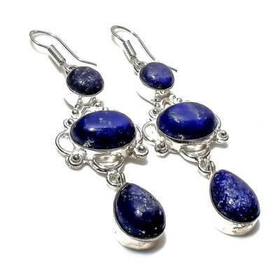 Lapis Lazuli Gemstone Handmade 925 Sterling Silver Jewelry Earring Sz 2.5''