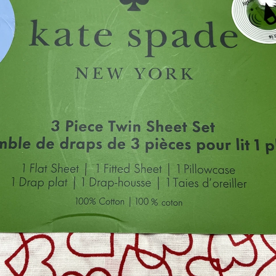 Kate Spade Twin Sheet Set Pink Red Outline Heart 3 Pc Cotton Love Valentine Day - Image 4 of 4