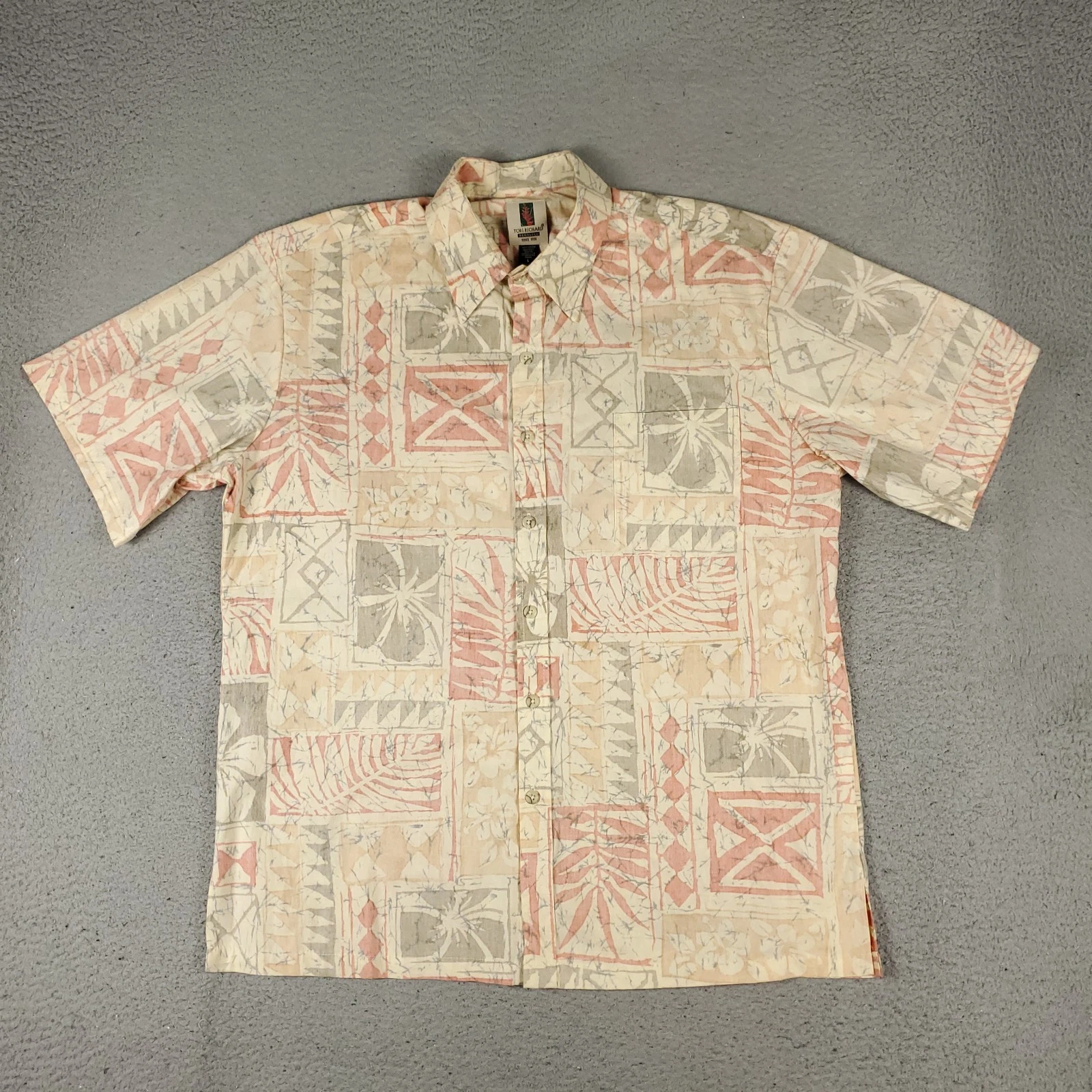 Tori Richard Shirt Mens Size Large Beige Casual Button Up Short Sleeve