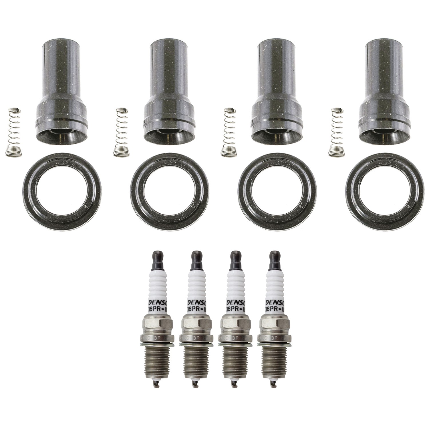 Denso 4 Standard Spark Plugs 4 Coil Boots Kit for Accent Rio Rio5 L4 Gap 0.044