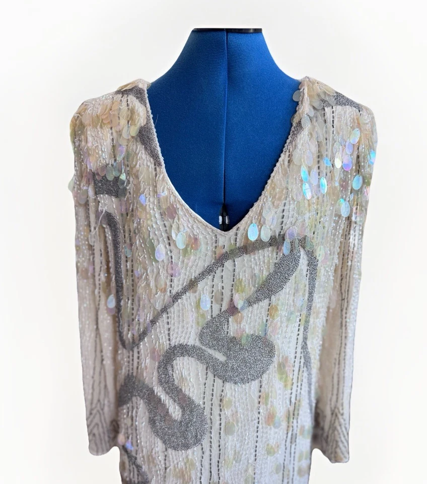 Vintage Oleg Cassini Glam Silk Beaded Maxi Gown Sequin Dress *Flaws - Image 2 of 4