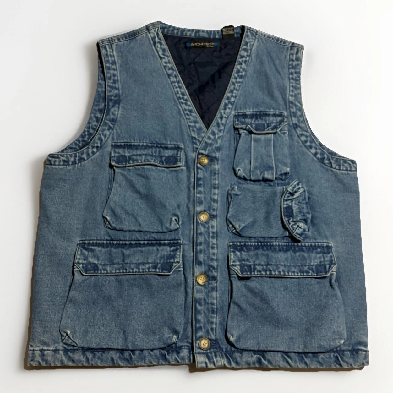Denim Fishing Vest Quilted Lined Utility Hunting Workwear Blue M