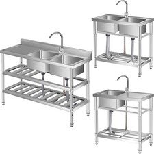 Stainless Steel Sink,Freestanding Commercial Sink w/ Faucet,Pipe,Shelf,Drain Kit