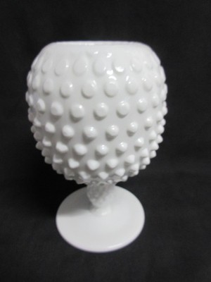 RARE 1950 s Milk Glass Round Applied Base Footed Hobnail Ivy Ball   7.5  T, EX!