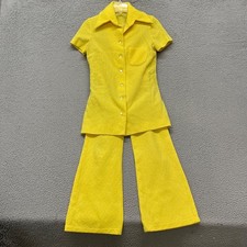 60's Leisure Pant Set Womens S Yellow Geometric Textured Dacron Polyester 70's