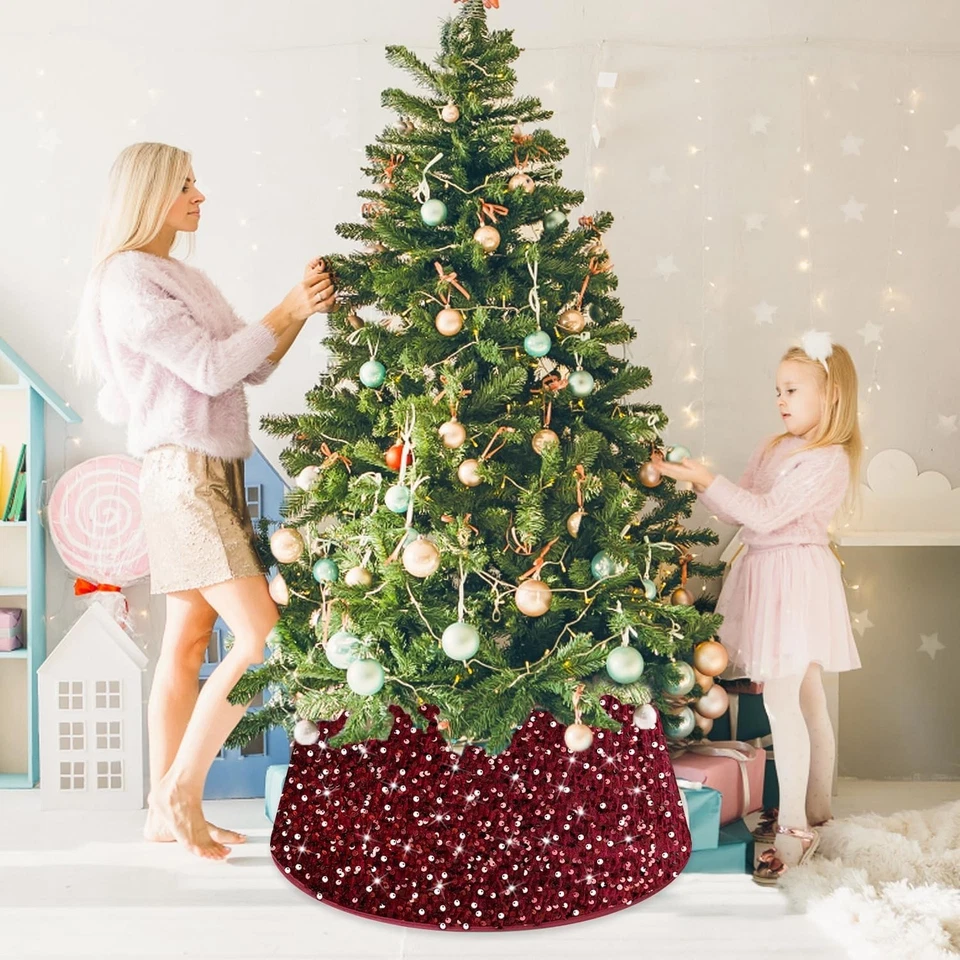 Burgandy Christmas Tree Collar 26 Inch Sequin Xmas Tree Skirt 12 Side Felt Small - Image 3 of 4