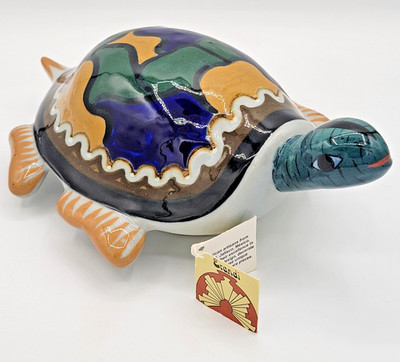 Vintage Erandi SIGNED TURTLE Mexico Hand Painted Stoneware Folk Art FREE SHIP